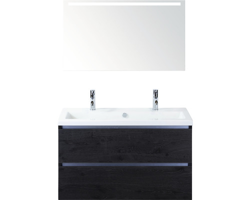 Badmöbel-Set Sanox Vogue Keramik 170x101x41 cm Doppel-Keramikwaschbecken black oak mit LED-Beleuchtung