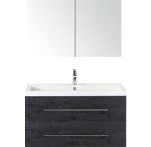 Badmöbel-Set Sanox Straight Mineralguss 100x170x40 cm Mineralgusswaschbecken black oak mit Spiegelschrank