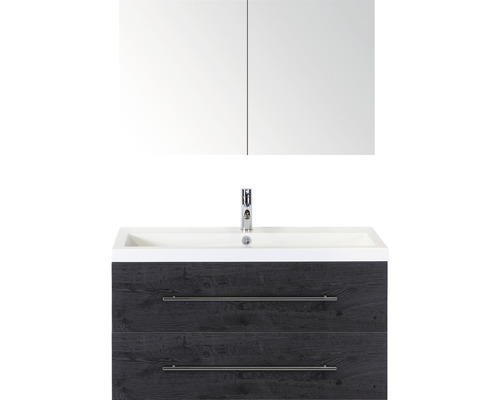 Badmöbel-Set Sanox Straight Mineralguss 100x170x40 cm Mineralgusswaschbecken black oak mit Spiegelschrank Badmöbel-Set Sanox Straight Mineralguss 100x170x40 cm Mineralgusswaschbecken black oak mit Spiegelschrank