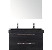 Badmöbel-Set Sanox Seville Naturstein 170x101x45,5 cm Doppel-Natursteinwaschbecken schwarz eiche mit Spiegel