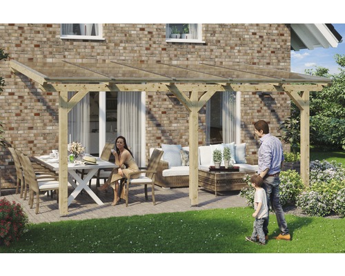 Terrassenüberdachung SKAN HOLZ Andria 541x350 cm natur Terrassenüberdachung aus Holz mit Familie im Garten