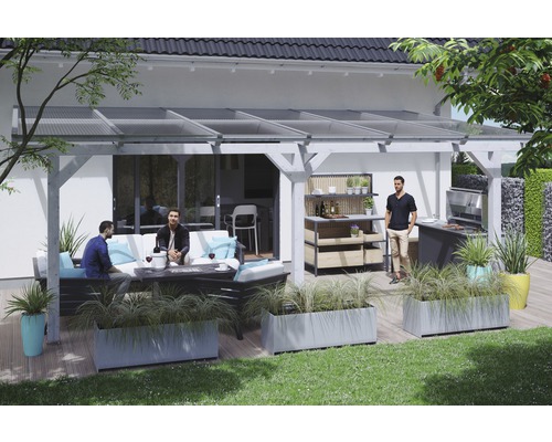Terrassenüberdachung SKAN HOLZ Andria 648x250 cm weiß Terrasse mit Überdachung, Sitzgruppe, Grillplatz und Pflanzkästen
