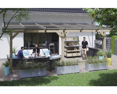 Terrassenüberdachung SKAN HOLZ Andria 648x300 cm natur Überdachte Terrasse mit Sitzgruppe, Grill und Bepflanzung
