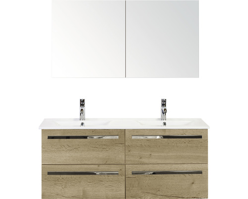 Badmöbel-Set Sanox Seville Keramik 170x121x46 cm Doppel-Keramikwaschbecken 4 Schubladen eiche natur mit Spiegelschrank Badmöbel-Set Sanox Seville Keramik 170x121x46 cm Doppel-Keramikwaschbecken 4 Schubladen eiche natur mit Spiegelschrank