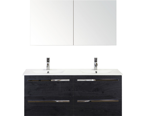 Badmöbel-Set Sanox Seville Keramik 170x121x46 cm Doppel-Keramikwaschbecken 4 Schubladen black oak mit Spiegelschrank Badmöbel-Set Sanox Seville Keramik 170x121x46 cm Doppel-Keramikwaschbecken 4 Schubladen black oak mit Spiegelschrank