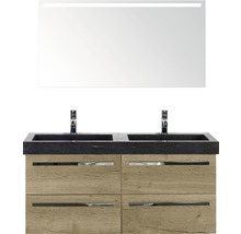 Badmöbel-Set Sanox Seville Naturstein 170x121x45,5 cm Doppel-Natursteinwaschbecken 4 Schubladen eiche mit LED-Beleuchtung