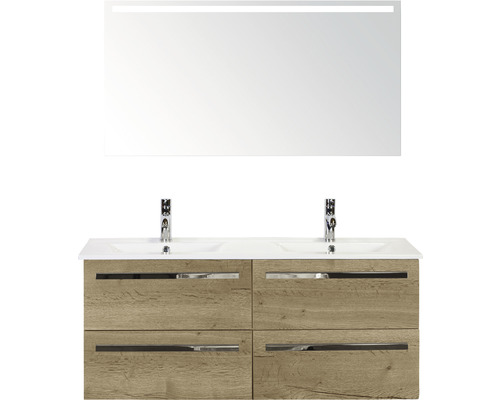 Badmöbel-Set Sanox Seville Mineralguss 170x121x46 cm Doppel-Mineralgusswaschbecken 4 Schubladen eiche natur mit LED-Beleuchtung Badezimmermöbel-Set mit Doppelwaschtisch, Unterschrank mit Schubladen und Spiegel mit Beleuchtung