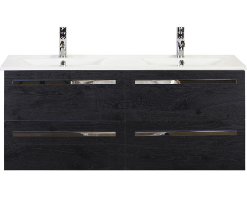 Waschbeckenunterschrank Sanox Seville Keramik 52x121x46 cm mit Doppel-Keramikwaschbecken 4 Schubladen black oak