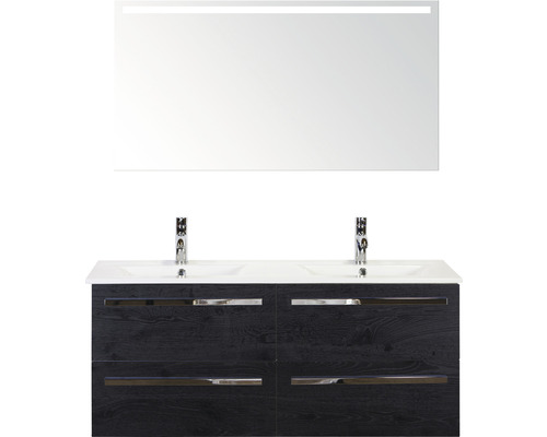 Badmöbel-Set Sanox Seville Keramik 170x121x46 cm Doppel-Keramikwaschbecken 4 Schubladen black oak mit LED-Beleuchtung Badmöbel-Set Sanox Seville Keramik 170x121x46 cm Doppel-Keramikwaschbecken 4 Schubladen black oak mit LED-Beleuchtung