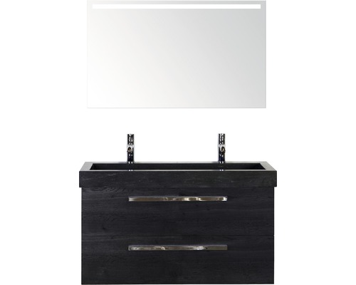 Badmöbel-Set Sanox Seville Naturstein 170x101x45,5 cm Doppel-Natursteinwaschbecken schwarz eiche mit LED-Beleuchtung