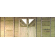 Holztor mit Doppeltür und Fenster