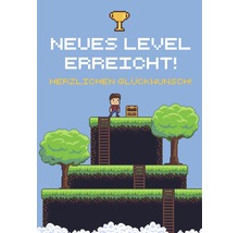 Grafik im Pixel-Art-Stil mit der Aufschrift Neues Level erreicht! Herzlichen Glückwunsch!