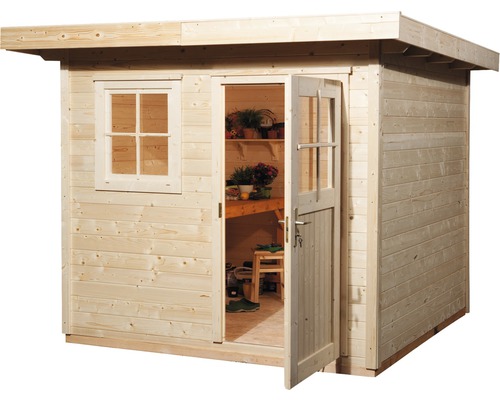 Gartenhaus aus Holz mit Fenster und offener Tür