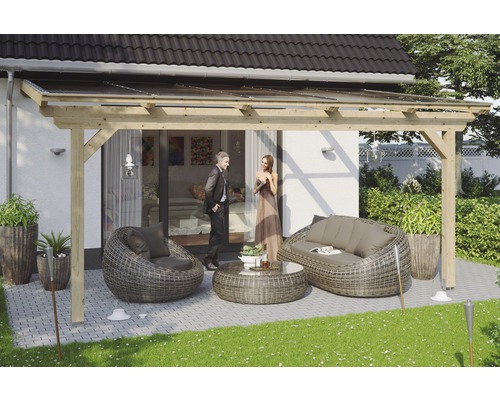 Terrassenüberdachung SKAN HOLZ Ancona 541x400 cm natur Terrasse mit Holzüberdachung und Gartenmöbeln