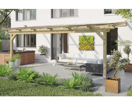 Terrassenüberdachung SKAN HOLZ Ancona 648x350 cm natur Holzterrasse mit Gartenmöbeln und Whirlpool vor einem Haus