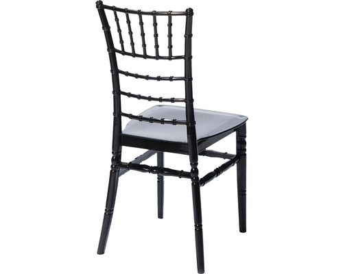 Schwarzer Chiavari Stuhl mit gepolstertem Sitz, Rückenansicht.