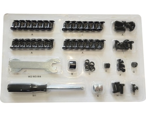 Sortiment von Schrauben, Muttern und Werkzeugen in Kunststoffverpackung