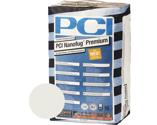 PCI Nanofug® Premium Variabler Flexfugenmörtel für alle Fliesen und Natursteine silbergrau 15 kg PCI Nanofug Premium flexibler Fugenmörtel für Fliesen und Natursteine in einem 15 Kilogramm Sack mit Farbmuster