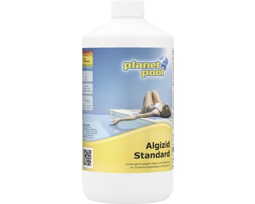 Algizid Standard Planet Pool schaumarm flüssig 1 Liter Planet Pool Algizid Standard in einer weißen Flasche zur Algenbekämpfung im Schwimmbadwasser