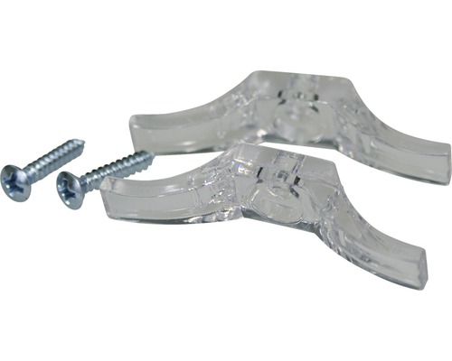 Zwei transparente Halterungen aus Kunststoff mit passenden Schrauben