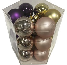 Verschiedenfarbige Christbaumkugeln in transparenter Verpackung.