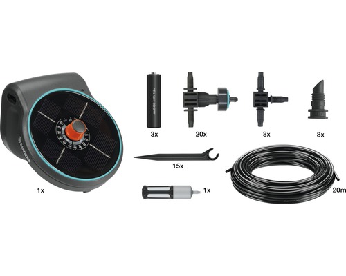 Gardena Bewässerungsautomat mit Solarpanel, Batterien, Verbinder, Tropfer, Haltepfosten, Filter und Schlauch