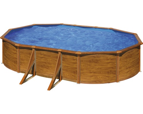 Aufstellpool Stahlwandpool-Set Planet Pool Solo oval 500x300x120 cm inkl. Einbauskimmer Holzoptik