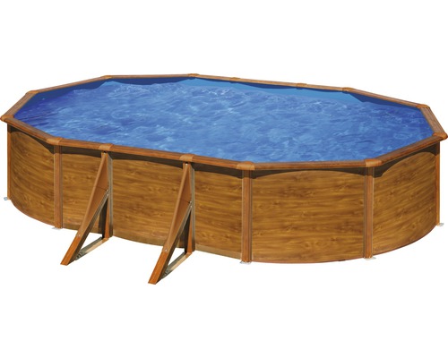 Aufstellpool Stahlwandpool-Set Gre oval 527x300x122 cm inkl. Sandfilteranlage, Skimmer, Leiter, Filtersand & Anschlussschlauch Holzoptik