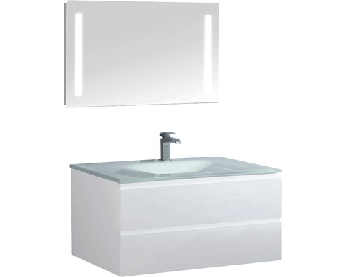 Waschbeckenunterschrank Sanotechnik Cube 70 50x70,5x48 cm mit Glaswaschbecken weiß Badezimmermöbel-Set mit Waschtischunterschrank, Waschbecken und beleuchtetem Spiegel