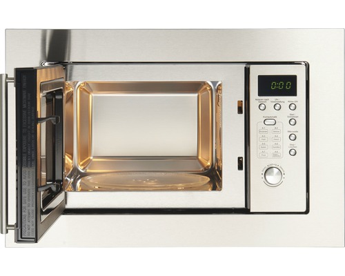 Edelstahl Mikrowelle mit geöffneter Tür und Bedienelementen