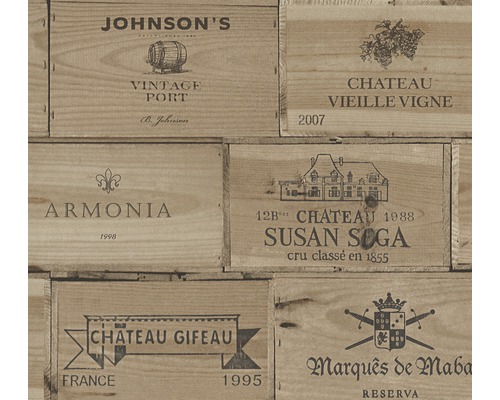 Tapete mit Weinkistenmotiven