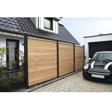 Sichtschutzzaun aus Holz mit schwarzen Pfosten vor einem Haus und einer Garage