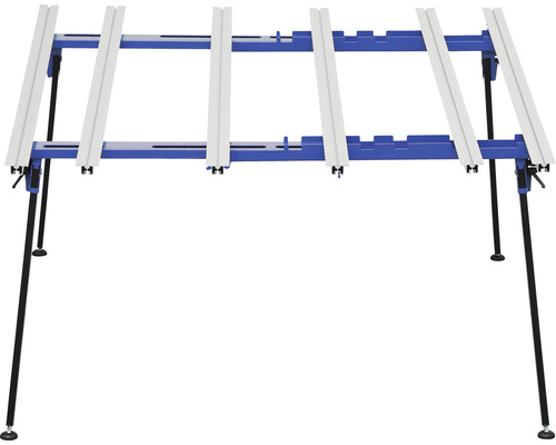 Blaue Werkbank mit verstellbaren Beinen und weißen Auflageflächen