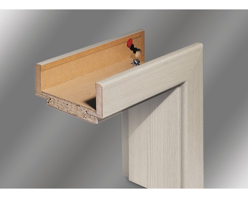 Zarge Pertura CPL Lärche Cashmere Komplettzarge 90x609x2015 mm links Ausschnitt einer Türzarge aus Holzwerkstoff mit Beschlägen
