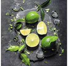 Limettenscheiben, Limettenstücke und Eiswürfel auf dunkler Oberfläche