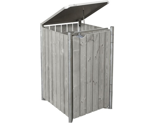 Mülltonnenbox aus Holz mit Metallrahmen und geöffnetem Deckel
