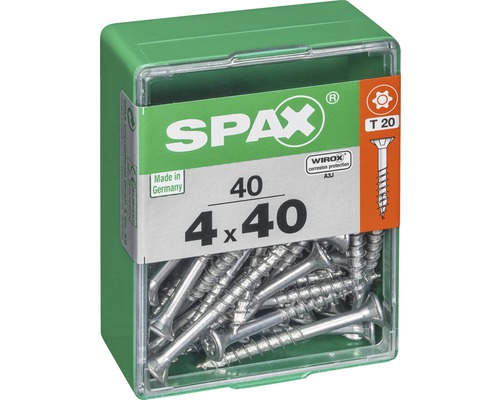 Spax Schrauben 4 x 40 Millimeter in einer transparenten und grünen Verpackung