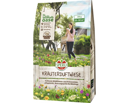 Blumenwiesensamen Sperli Kräuterduftwiese 0,25 kg / 25 m² Verpackung Kräuterduftwiese von Sperli mit Informationen zu Aussaat und Pflege