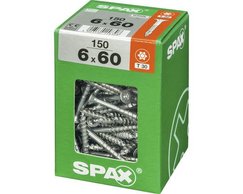 Schrauben der Größe 6 x 60 mm in einer grünen Spax Verpackung
