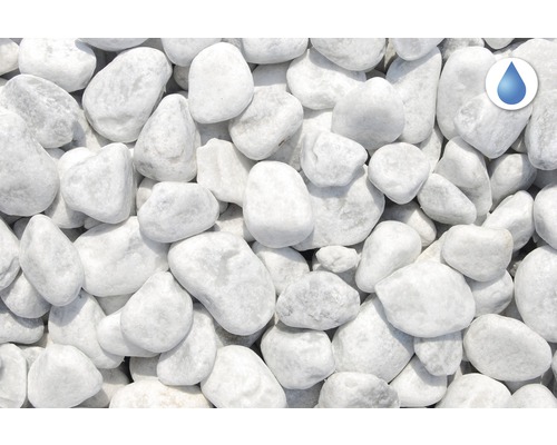 Weiße Zierkiesel mit Wasserdurchlässigkeitssymbol