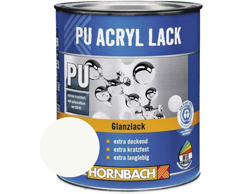 HORNBACH Buntlack PU Acryllack glänzend barytweiß 750 ml PU Acryl Lack Dose mit Farbbeispiel und Hornbach Logo