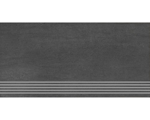 Feinsteinzeug Stufenfliese Sokio 30x60 cm anthrazit matt Dunkelgraue Treppenfliese mit drei horizontalen Streifen.