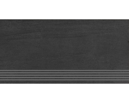 Feinsteinzeug Stufenfliese Sokio 30x60 cm schwarz matt Dunkle Treppenfliese mit drei Rillen