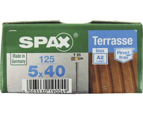 Spax Terrassenschraube, Edelstahl A2 blank, Zylinderkopf T25, Fixiergewinde, 5x40 mm, 125 Stück