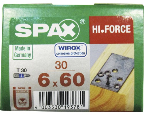Spax Holzbauschraube Hi.Force, Tellerkopf T 30, Holz-Vollgewinde, 6x60 mm, 30 Stück SPAX Hi.Force Schraubenpackung 6x60 mit Korrosionsschutz