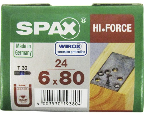 Spax Holzbauschraube Hi.Force, Tellerkopf T 30, Holz-Vollgewinde, 6x80 mm, 24 Stück SPAX Hi-Force Schraubenpackung mit Korrosionsschutz, Größe 6x80 Millimeter