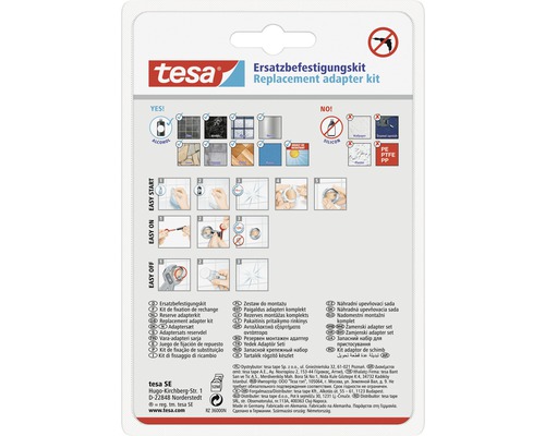 Tesa Ersatzbefestigungskit Verpackung mit Informationen zur Anwendung und geeigneten Oberflächen