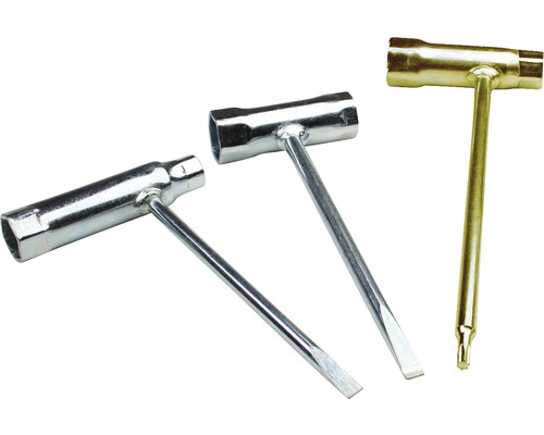 Drei T-Schlüssel Werkzeuge mit Steckschlüsseln und Schlitzschraubendreherklingen