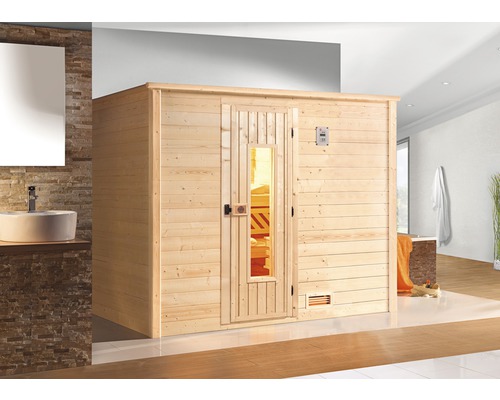 Massivholzsauna Weka Bergen Gr.3 inkl. 7,5 kW Ofen u.digitaler Steuerung mit Holztüre und Isolierglas wärmegedämmt