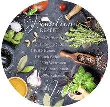 Familienrezept mit Zutaten wie Zufriedenheit, Freude, Spaß, Humor, Gefühl, Vertrauen, Geborgenheit, Zuhause und Liebe.